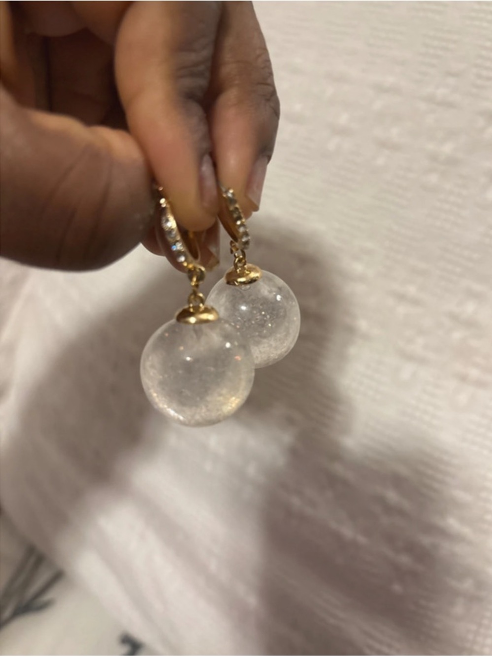 Gold Hoop Drop Earrings with Clear Glitter Globe - Picture 3 of 6